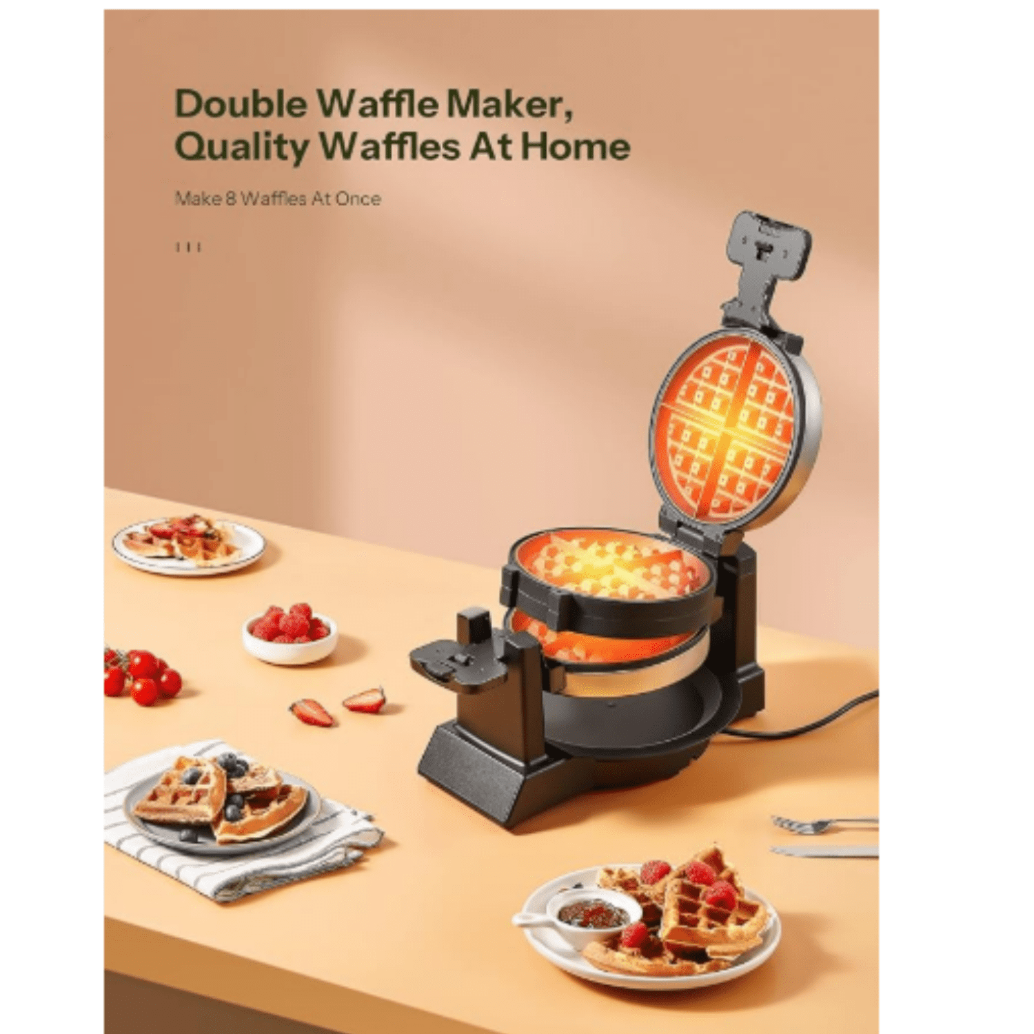 Classic Waffle Iron, Double Belgian Waffle Maker 180°Flip, 1400W Waffle Iron 8 Slices, Rotating & Nonstick Plates with Removable Drip Tray, Cool Touch Handles, Stainless Steel (8 Slices)