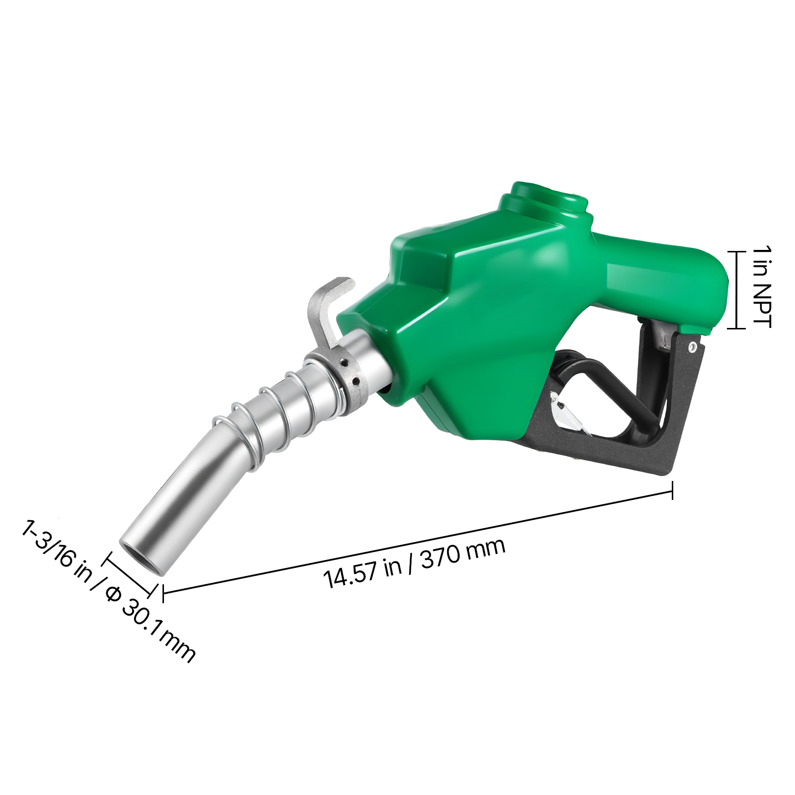 KFFKFF 1-Inch NPT Automatic Fuel Nozzle with Auto Shut-Off, 21.6 GPM Max Flow Rate, 3-Speed Trigger Lock, and 1-3/16 Inch Spout for Gasoline, Diesel, and Kerosene, Green