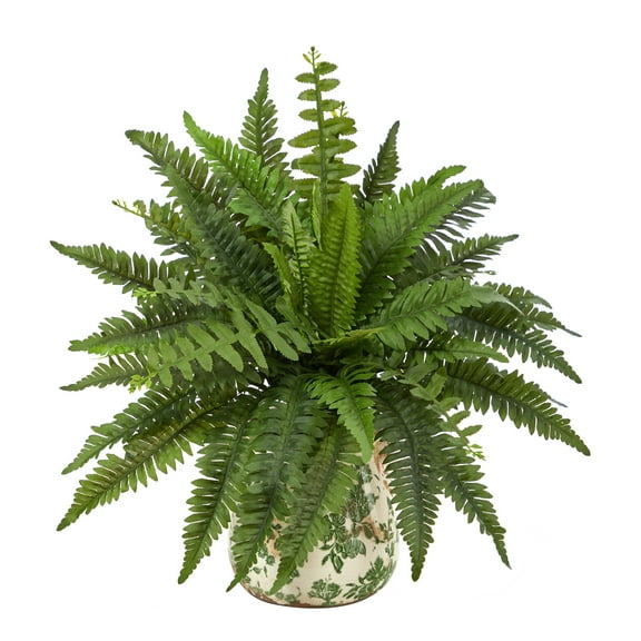 Nearly Natural 15in. Boston Fern Artificial Plant with Tuscan Ceramic Green Scroll Planter, Green
