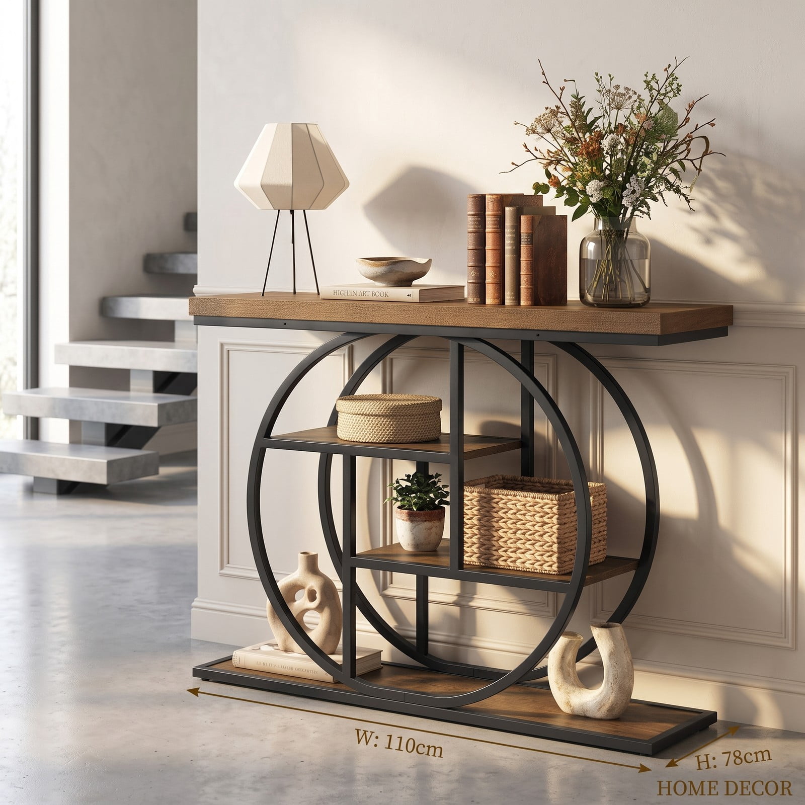 Furnibear 4-Tier Console Table 41 Inch Entryway Table with Open Storage Shelves and Round Metal Frame for Living Room, Brown