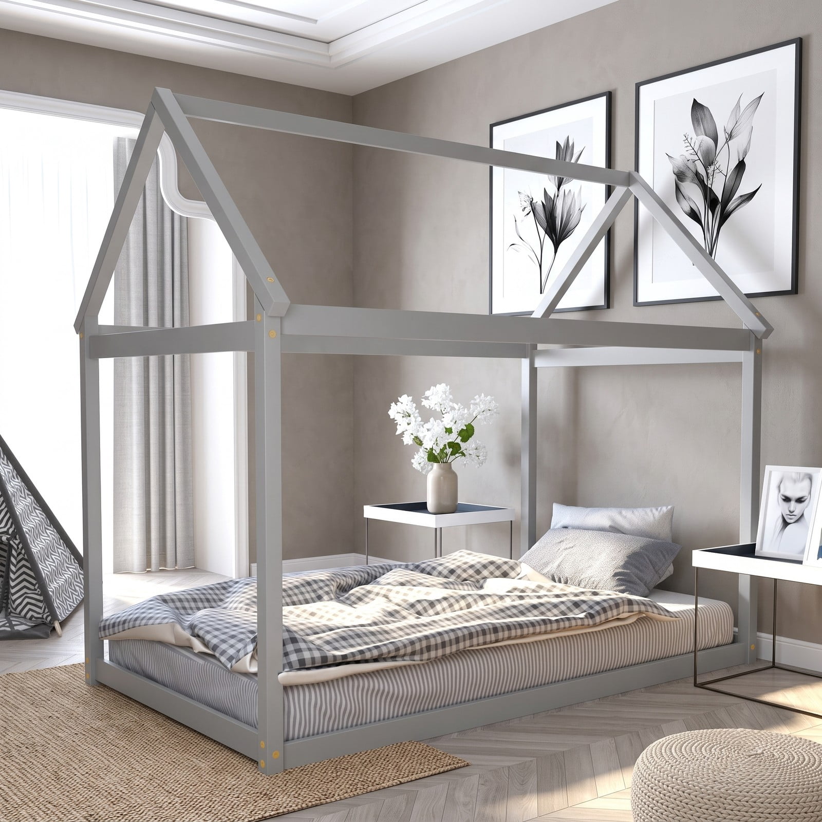 Furnibear Kids House Floor Bed Frame with Roof and Heavy-Duty Slats for Boys and Girls Bedroom with Montessori Design, Gray