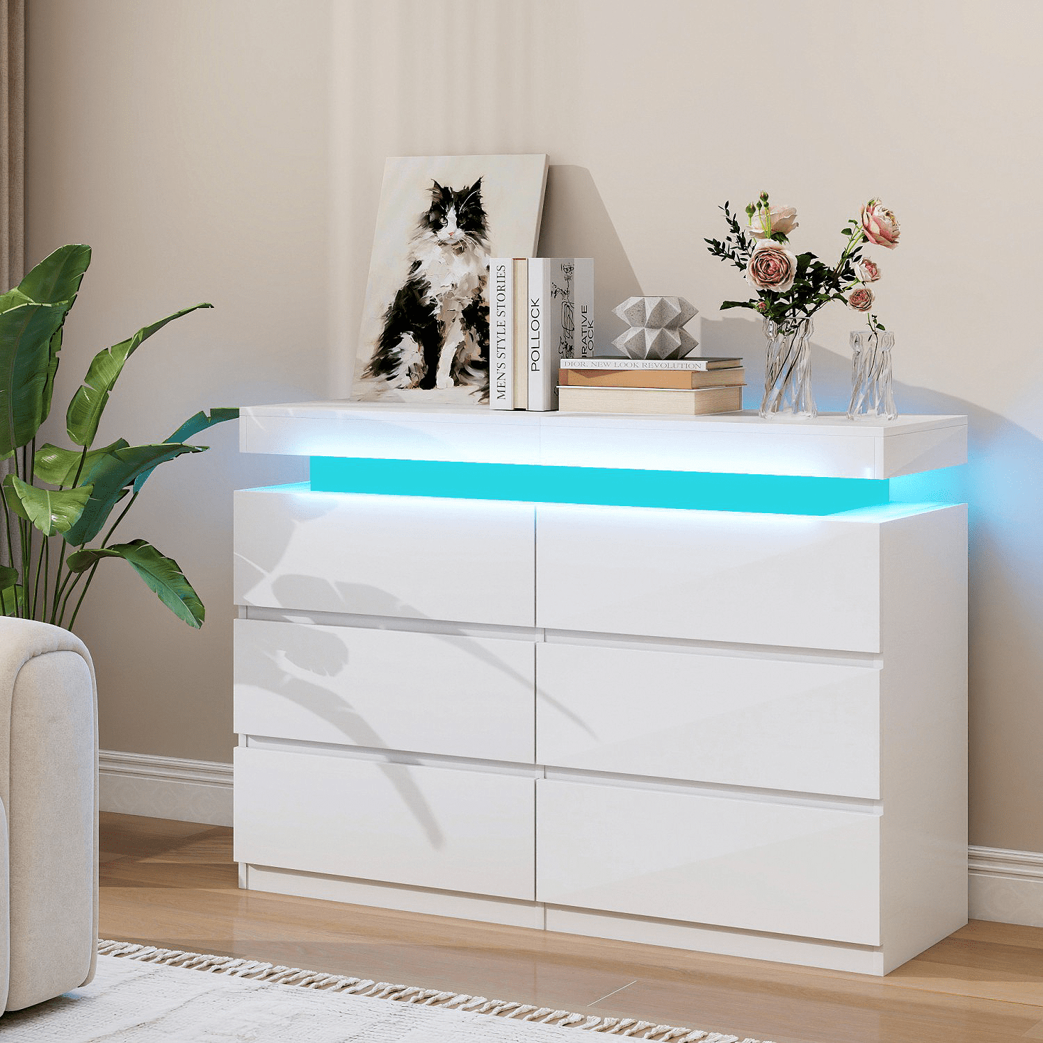 White 6 Drawer Dresser with Sliding Top, LED Lights & Charging Station - Spacious Chest of Drawers for Bedroom, Entryway, or Hallway Storage
