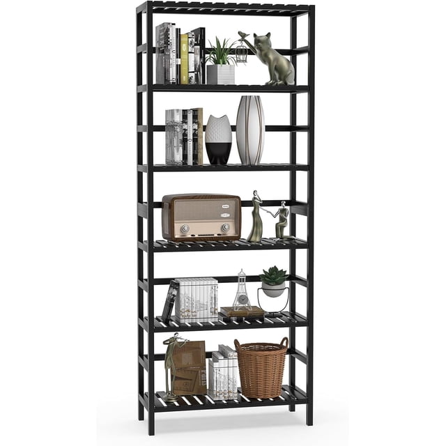 Bamboo Shelf Bamboo Storage Shelving Unit Tall Bookcase with Adjustable Shelves Multipurpose Storage Display Shelf for Bathroom Living Room Balcony Kitchen