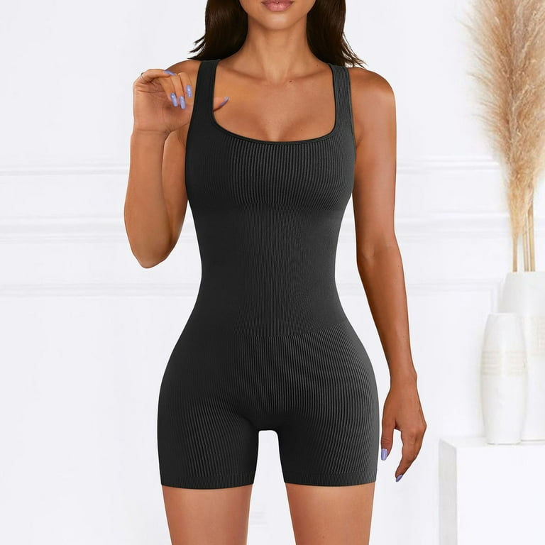 Bodysuit For Women Tummy Control Yoga Rompers Workout Ribbed Square Neck  Sleeveless Sport Romper Jumpsuits For Women Summer Black XL