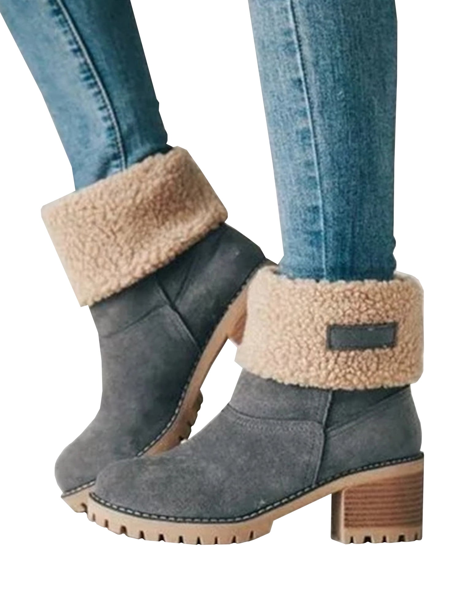 Themost Womens Ankle Boots Winter Suede Warm Boot Short Chunky Square High Heel Booties Round Toe Shoes