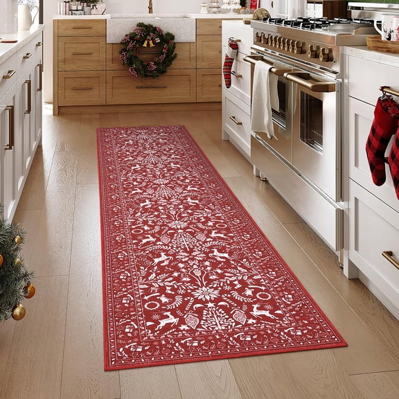 Christmas Rug Runner Non-Slip Winter Holiday Hallway Rug, Boho Christmas Area Rugs Festive Carpet Runner, Machine Washable Low Pile Indoor Floor Mats for Living Room、Entrance Door、Bedroom