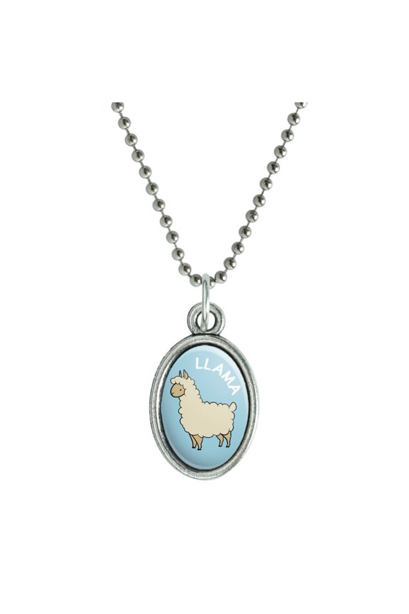 Llama Cartoon Antiqued Oval Charm Pendant with Chain