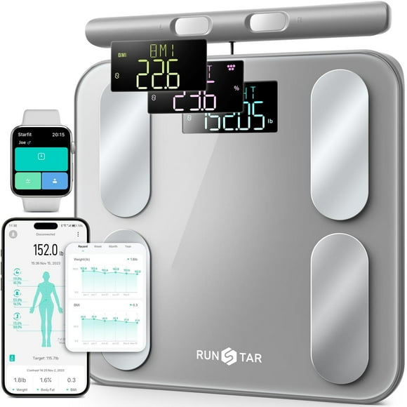 Runstar - Báscula digital de baño para peso corporal, grasa corporal, IMC 28 medidas, innovadoras bá