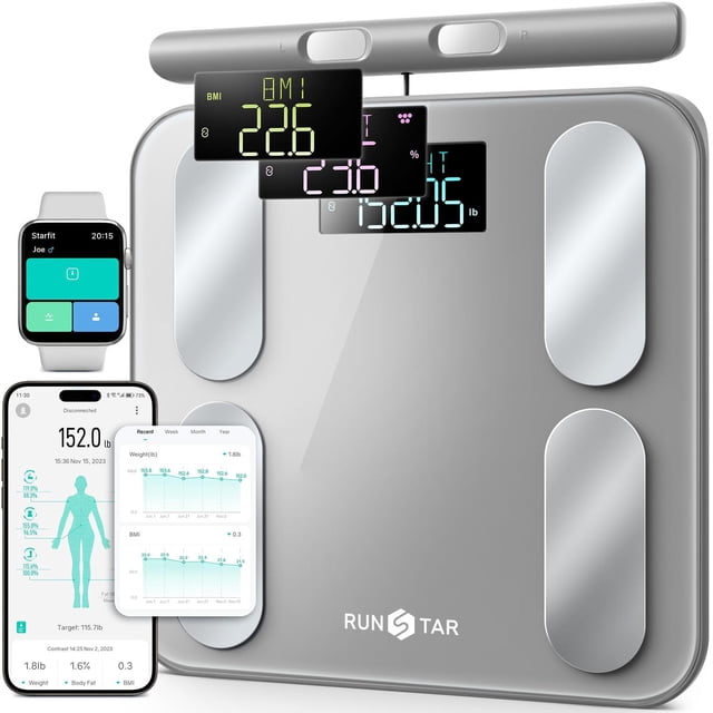 Runstar - Báscula digital de baño para peso corporal, grasa corporal, IMC 28 medidas, innovadoras bá