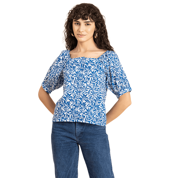 MoomayaWomens PrintedCotton Shirt Top, Square NeckPuffedSleeves Summer Short Top