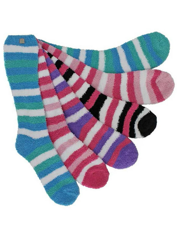 Long Striped Assorted 6 Pack Thick Fuzzy Slipper Socks
