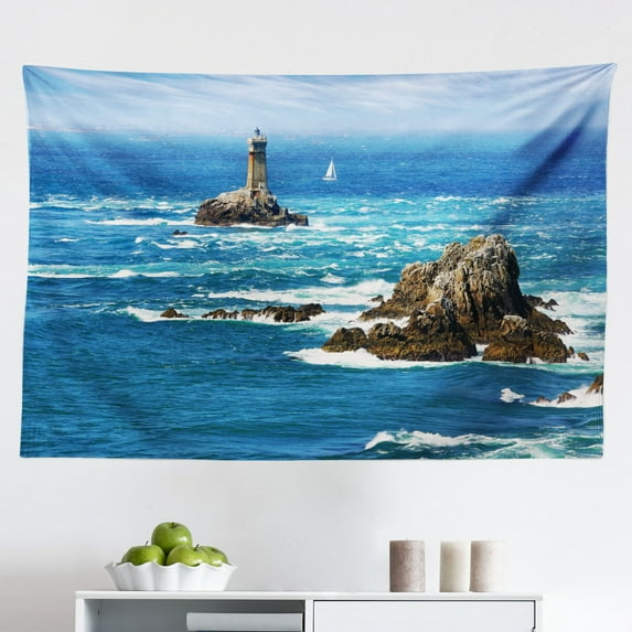 Lighthouse Tapestry, Calm Dusk at Bay Lighthouse and Wooden Boardwalk Reflections on Water Clouds, Fabric Wall Hanging Decor for Bedroom Living Room Dorm, 2 Sizes, Multicolor, by Ambesonne