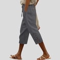 thumbnail image 2 of TAGOLD Womens Full Length Pants Linen Like Lace Panel High Waist Drawstring Pocket Button Capris, 2 of 5