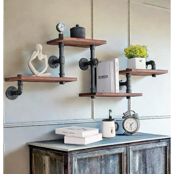 Industrial Rustic Modern Solid Wood Ladder Pipe Wall Mounted Floating Shelves – 4 Tiers Bookshelf,DIY Storage Shelving,Hung Bracket,Bookcases