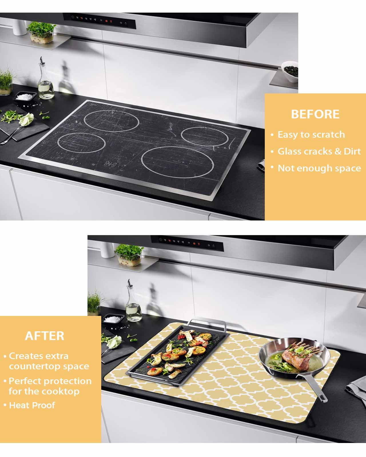 nqOlkjepod Large Induction Cooktop Protector Mat 36"x21", Yellow Moroccon Stove Top Covers for Electric Stove, Farmhouse Minimalist Ethnic Geometric Stove Burner Cover Mats, Glass Top Stove Cover