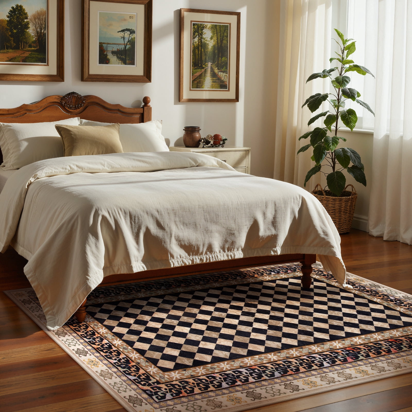 RUG ROBOT 5'x7' Area Rugs for Living Room, Non-Slip Washable Checkered Rug for Bedroom, Indoor Soft Vintage Diamond Carpet for Dining Room Home Decor, Black