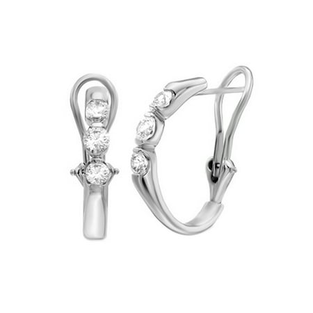 White Natural Diamond Three Stone Hoop Earrings In 14K Solid White Gold (0.5 Ct)