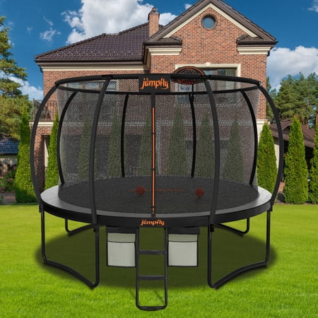 Jumpfly Trampoline 10FT Trampoline with Basketball Hoop-Curved Poles Reinforced Recreational Trampolines with Enclosure And Ladder - ASTM Approval- Outdoor Trampoline for Kids