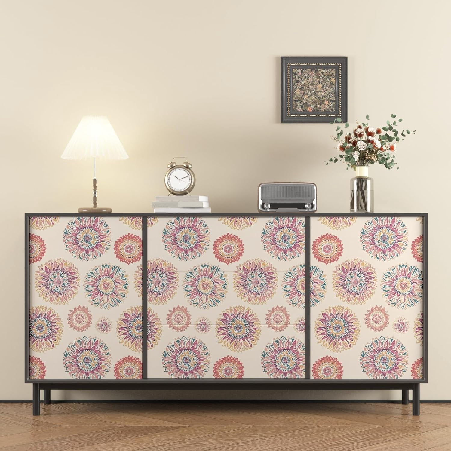 Boho Wallpaper Peel and Stick, Vintage Circle Floral Contact Paper, Abstact Beige/Blue/Pink Retro Flower Wall Paper Self Adhesive Removable Waterproof for Walls Shelves Cabinet Table 17.5" x 118"