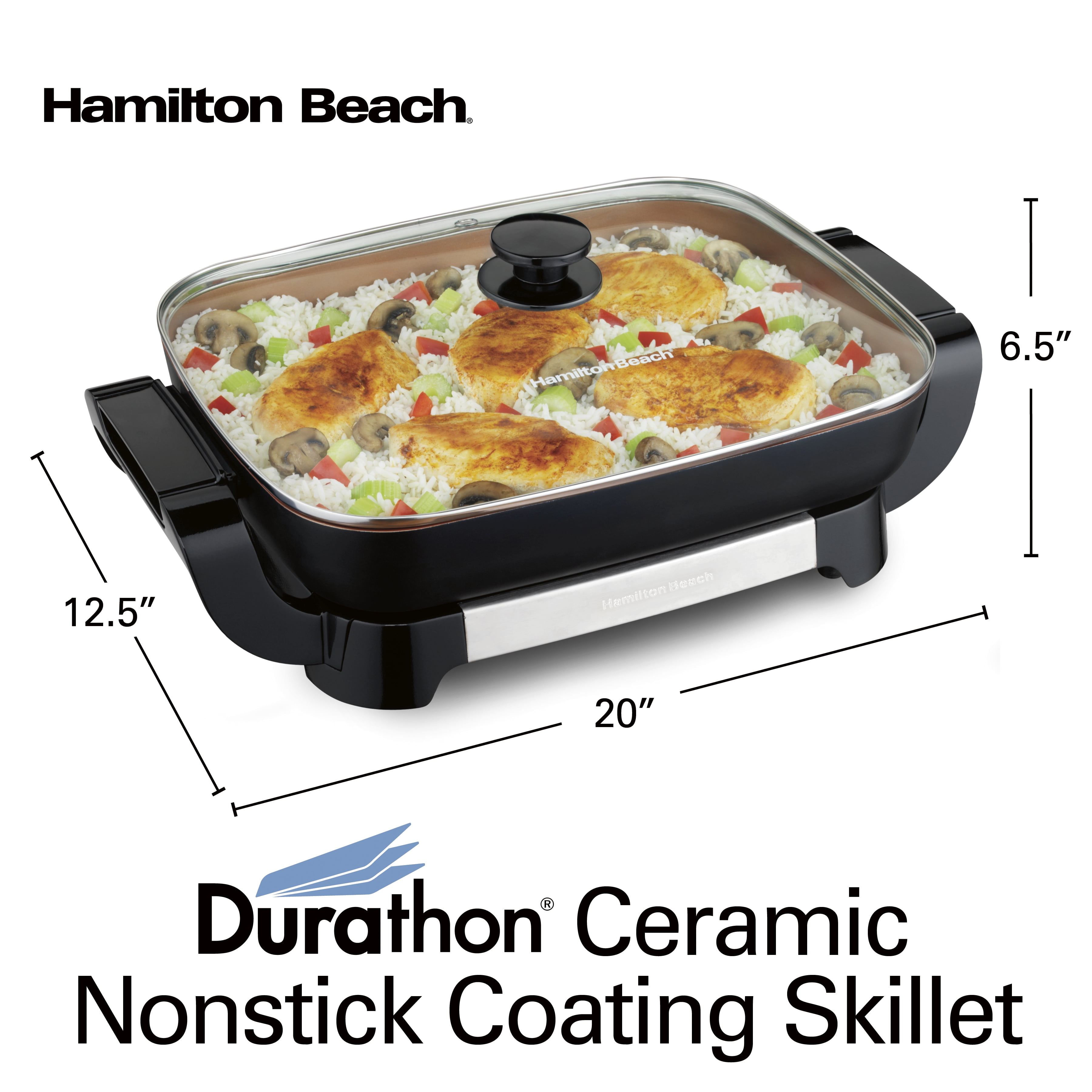 Hamilton Beach Durathon Ceramic Electric Skillet with Removable 12x15” Pan,  Adjustable Temperature, Reversible Design, Tempered Glass Lid (38529K)