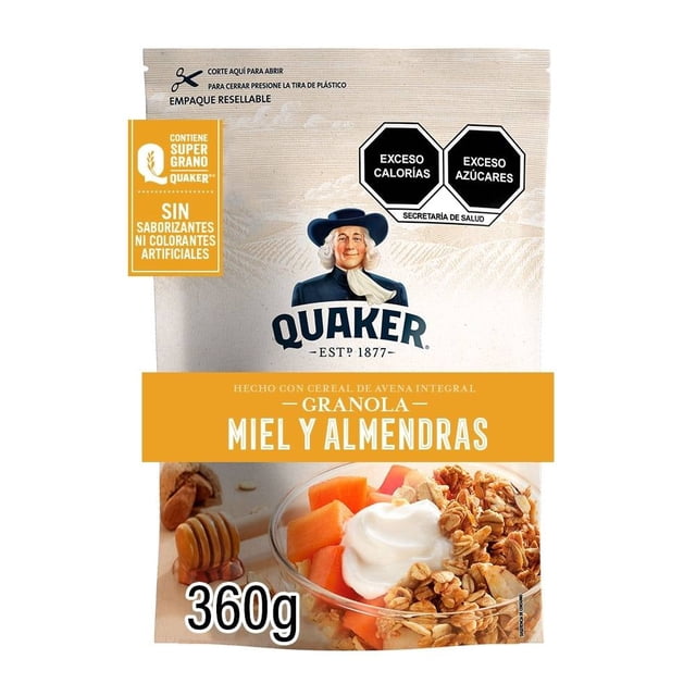 Granola Quaker mezcla selecta de avena integral con miel y almendras 360 g