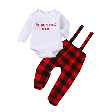 

xingqing 0-18M Christmas Newborn Baby Girl Boy Outfit Letter Print Long Sleeve Romper Plaid Suspender Bib Pants 2PCS Fall Winter Clothes White Red Plaid 1 12-18 Months