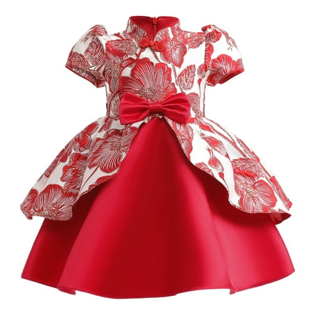 

2T Baby Girl s Dress Cheongsam Dress Bubble Sleeve Chi-pao Skirt 3T Girl Princess Dress Jacquard Embroidered Red Dress