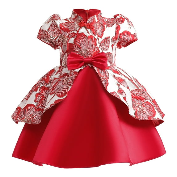 8Y Kids Girl's Dress Princess Dress Formal Party Dress 8-9 Years Big Girls Chi-pao Dress Short Sleeve Cheongsam Dress Red