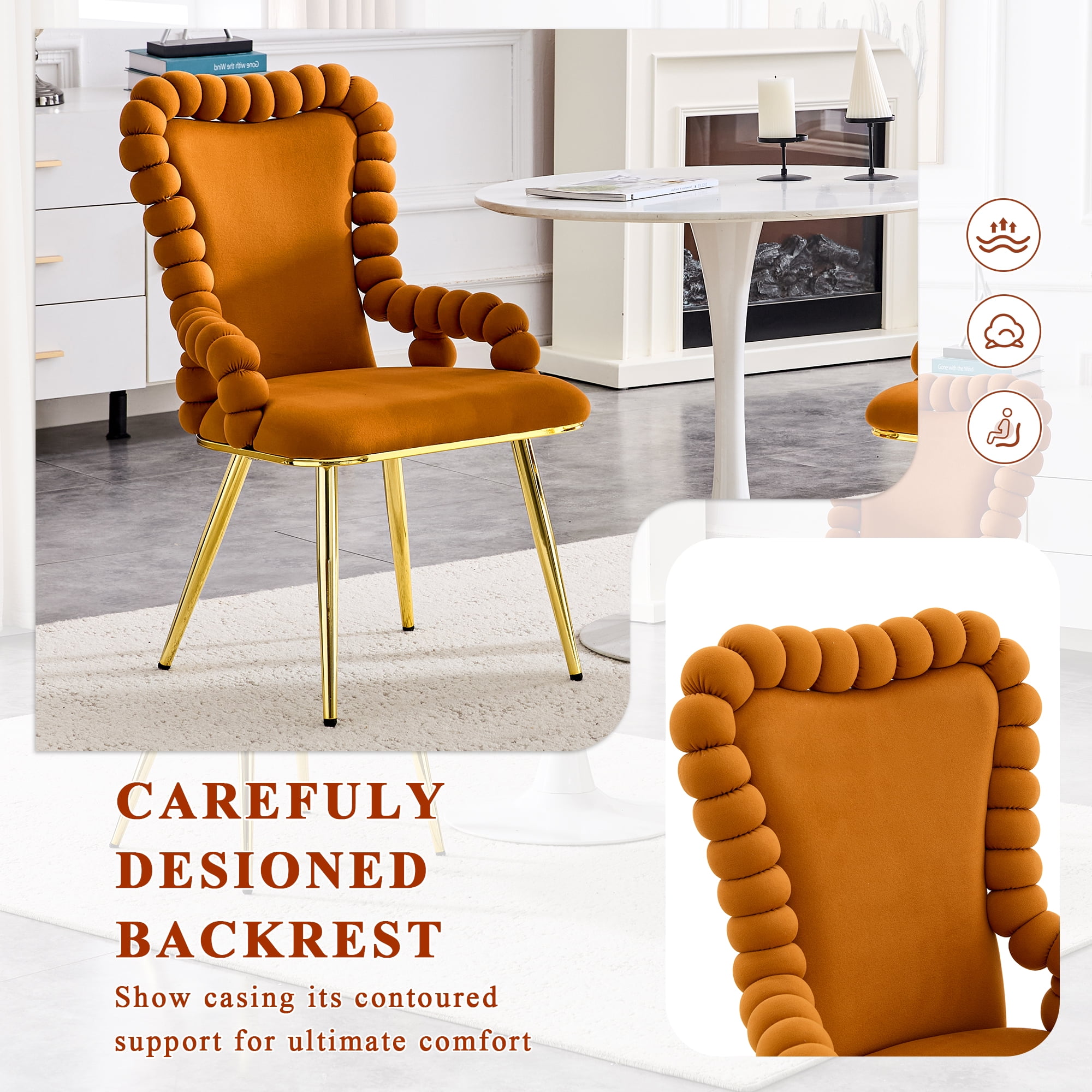 Alvantor Dining Chairs Set of 2, Modern Velvet Bubble Chairs with Armrests & Metal Legs, Upholstered Accent Chairs for Dining Room & Kitchen Orange