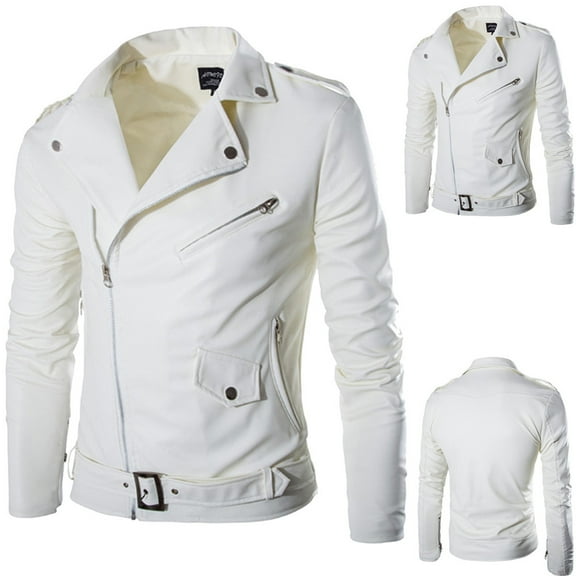 YODETEY Men'S Autumn Winter Casual Leather Zipper Long Sleeve Jacket Coat Tops White XXL