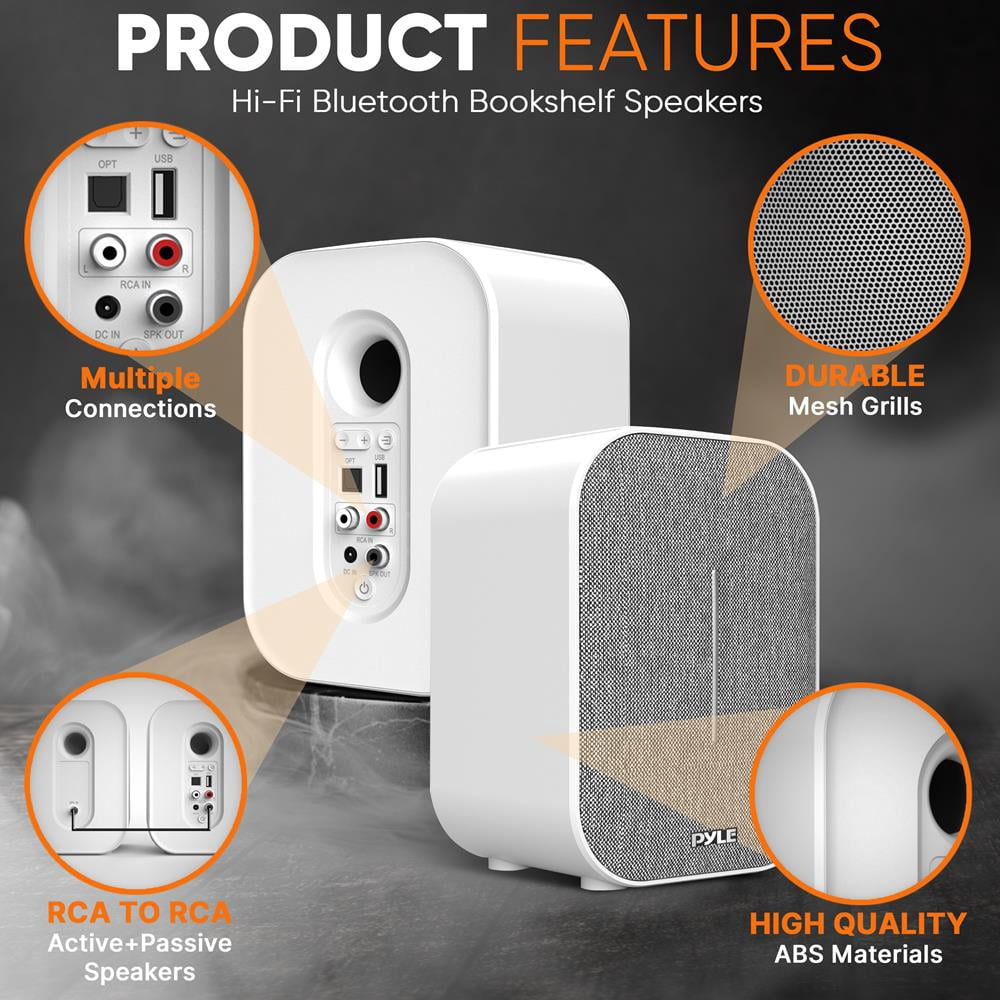 Pyle 50-Watt MAX HiFi Studio Active and Passive Desktop Bluetooth Bookshelf Speaker System, (White)