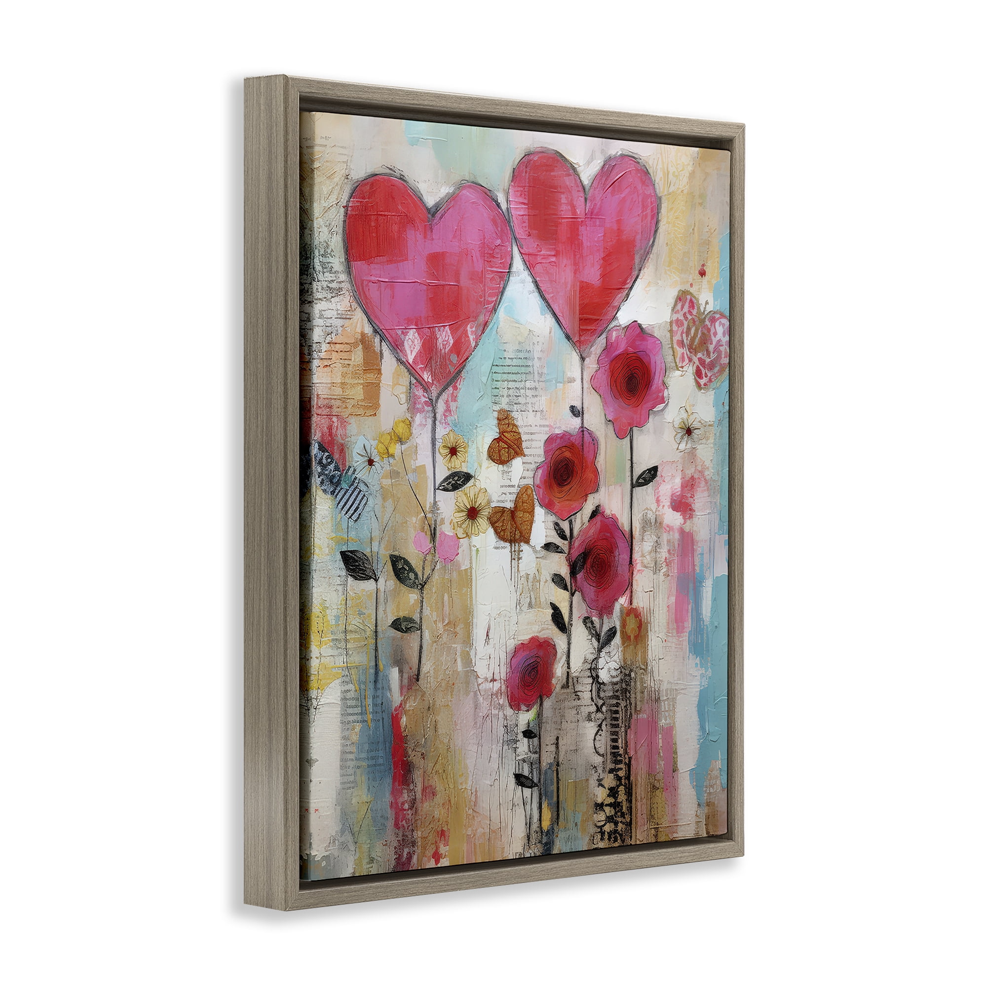 Stupell Industries Whimsical Hearts & Garden Abstract Painting Brown Floater Framed Canvas Art Print Wall Art, 17 x 21