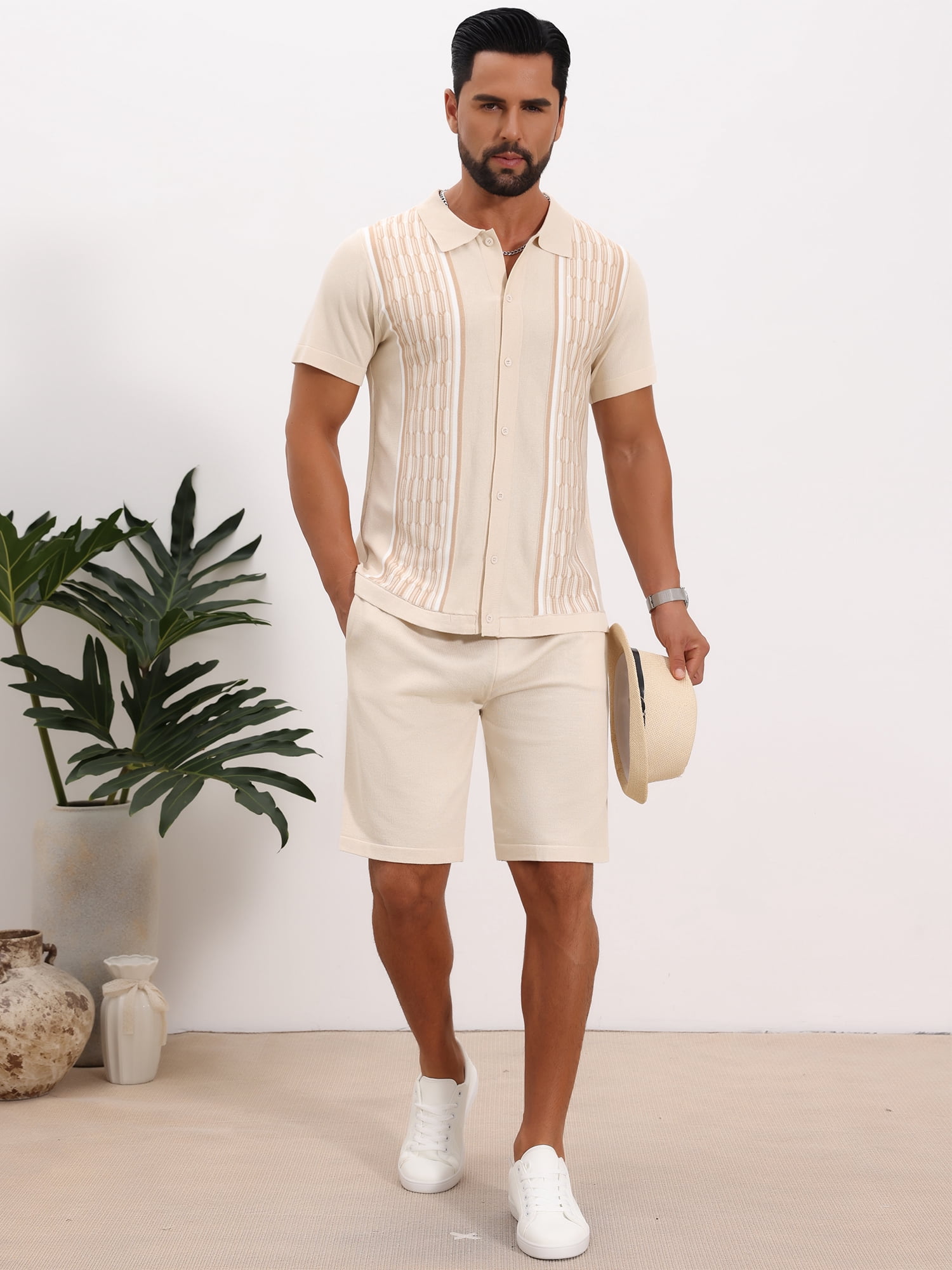 DARING DIVA Men's 2 Pieces Sets Summer Polo Shirt & Shorts Printed Knit Outfits L Beige