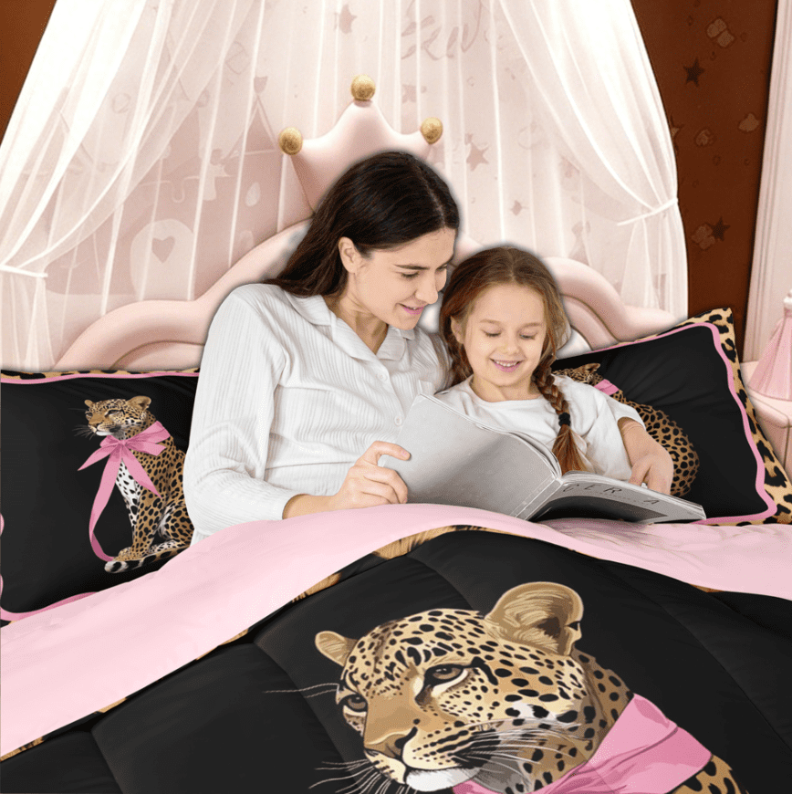 Manfei 3D Bowknot Leopard Wildlife Queen Comforter Set for Girl, Fashion Cheetah Print Bedding Sets, Pink Reversible, 3-Piece