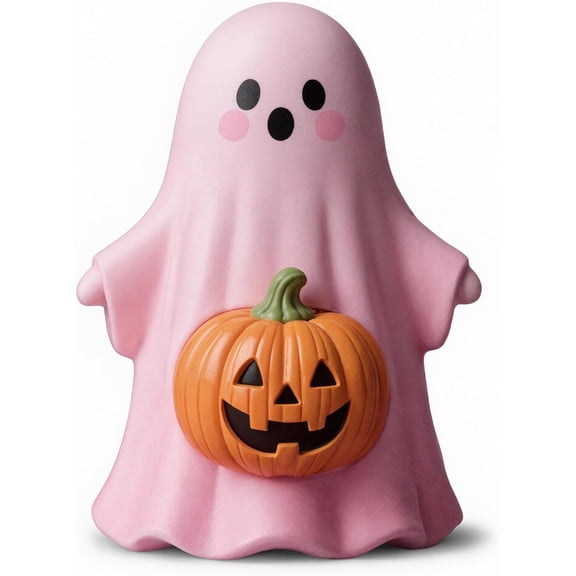 Halloween Pink Ghost Figurine Decor,Mini Cute Pink Statue with Pumpkin Holding, Decoration for Gift Props Tabletop Home Decorations, Perfect Halloween Gift Halloween-Themed Decorations