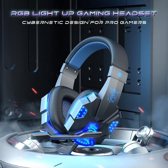 Stereo Gaming Headset for PS4 PC Xbox One PS5 Controller, Noise Cancelling Over Ear Headphones with Mic, LED Light, 7.1 Surround Sound, Soft Memory Earmuffs for Nintendo Xbox Series X|S-Black/Blue
