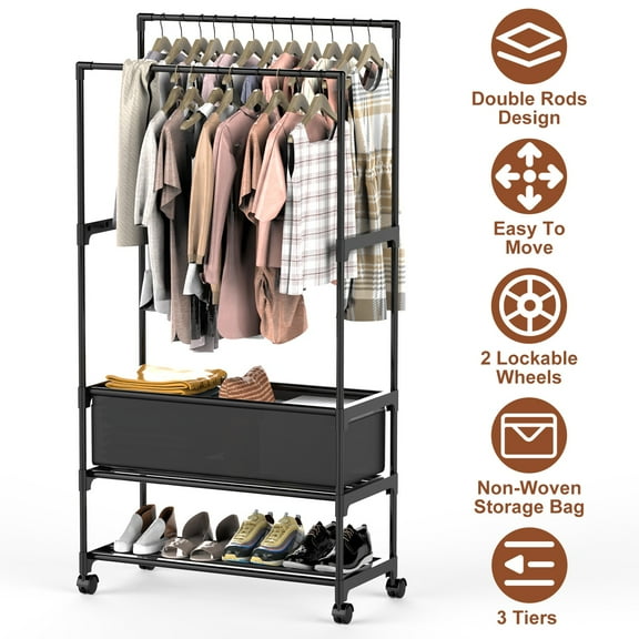 Imountek 3-Tier Portable Garment Rack, Double Rod Closet Organizer with Storage Bag, Adjustable Height and Lockable Wheels, Black