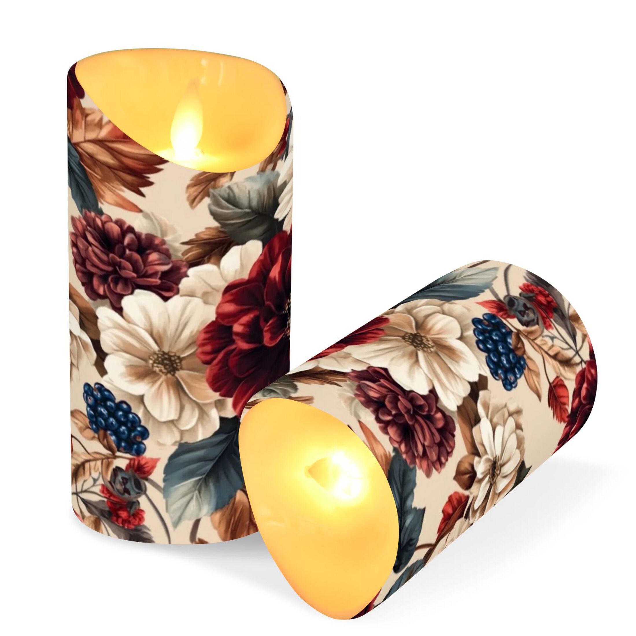 2 PCS Tilted Flameless Candles Flickering LED Lights Battery Operated Candles with Remote Timers for Holiday Decor Burgundy Hydrangeas