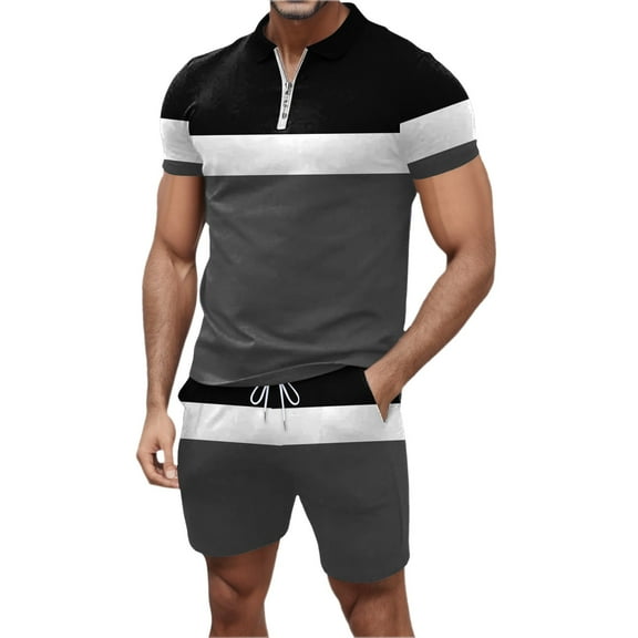 Cathalem Short Sets for Men 2 Piece Men's Track Suits 2 Piece Summer Short Sets Outfits Fashion Polo Shirt Casual Short Sleeve and Shorts set(Gray,XL)