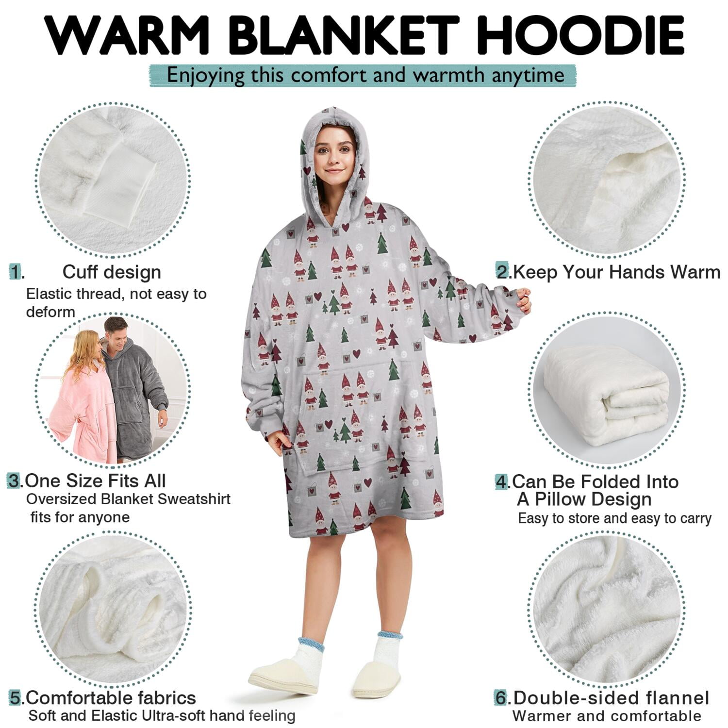 Wearable Oversized Blanket,Gray Christmas Gnome and Tree Pattern Wearable Blanket Hoodie for Adults,Cozy Hooded Blankets with Super Pockets,Super Warm Fuzzy Pullover for Women & Men