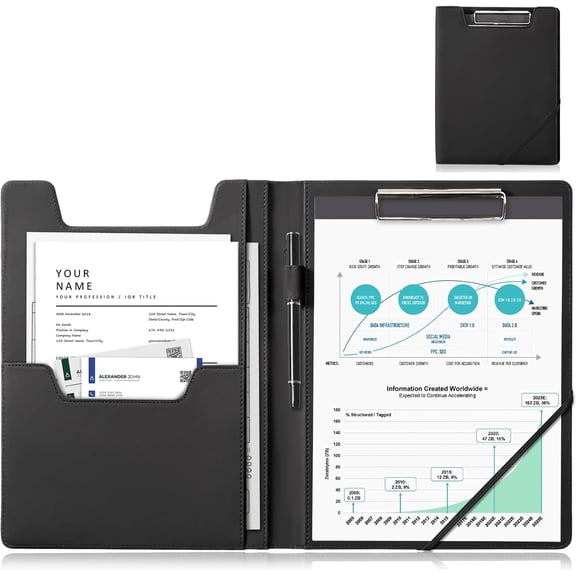 ProCase Clipboard Folder Portfolio, Leather Business Padfolio Organizer Letter Size Professional Folder Binder for Interview Meeting Resume Office Conference School -Black