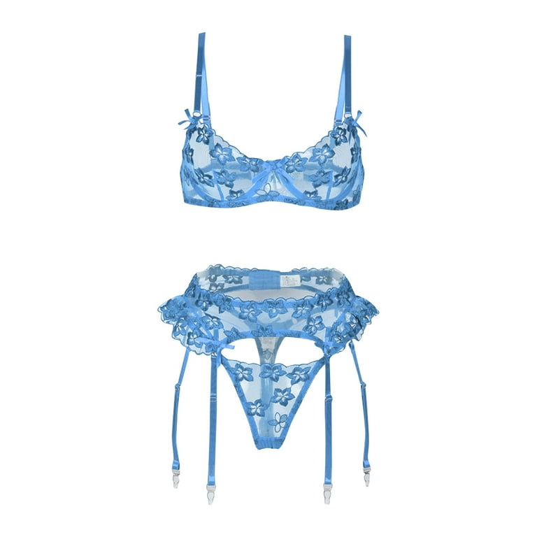 Lingerie Sets for Women with Garter Mesh Ruffle Floral 3 Piece Underwire and Panty Light Blue L - Walmart.com