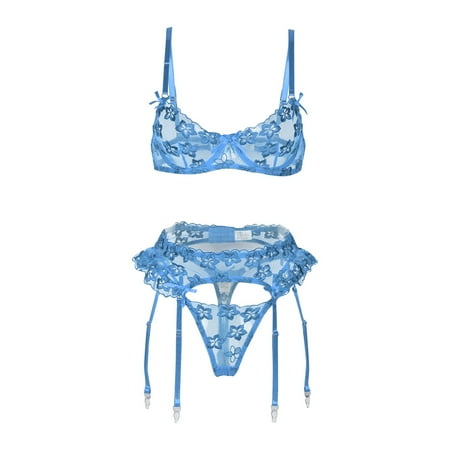 

YDKZYMD Light Blue Womens Lingerie Ruffle Mesh Floral Sexy Mesh Bra and Panty Set 3 Piece M