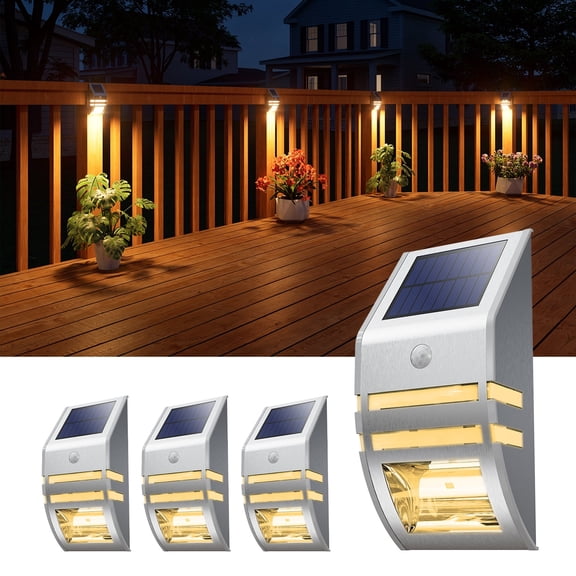 Yinghao 4 Pack Solar Stainless Steel Fence Lights Outdoor Waterproof Motion Sensor Wall Sconce for Backyard Post, Deck, Porch, Stair Rail, Dock, Gate, Steps