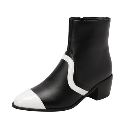 

dmqupv Mid Calf Boots for Women Women s Autumn And Winter Color Blocked Round Toe Womens Rain Boots Mid Calf Plaid Shoes Black 7.5