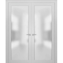 Solid French Double Doors Frosted Glass | Planum 2102 White Silk | Wood Solid Panel Frame Trims | Closet Bedroom Sturdy Doors-36" x 96" (2* 18x96)-Frosted Glass