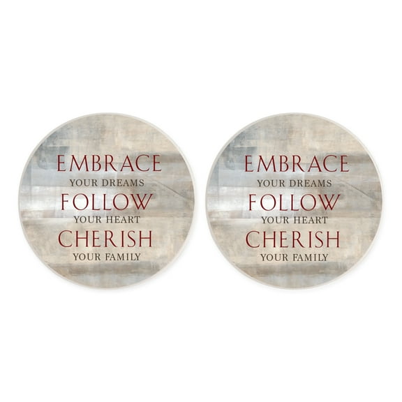 Embrace Follow Cherish Grey 2.75 x 2.75 Absorbent Ceramic Car Coasters Pack of 2