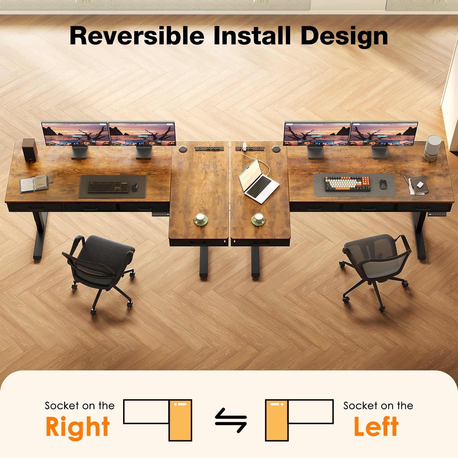 Electric L Shaped Standing Desk 62 Inch With 4 Fabric Drawers, Height Adjustable Computer Desk With Power Outlets & USB, Reversible Sit Stand Desk For Home Office