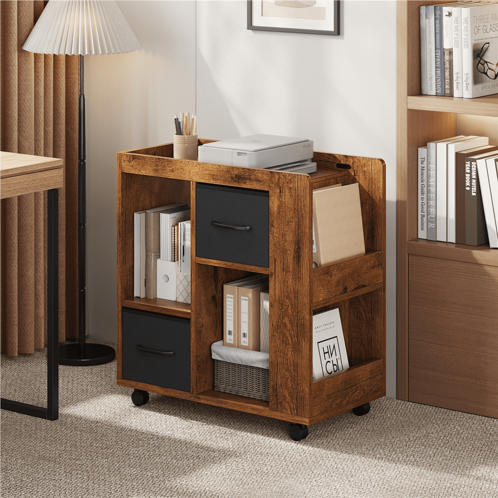 Renwick Modern Wooden Rolling Side Table with 2 Foldable Fabric Drawers and Magazine Racks, Rustic Brown