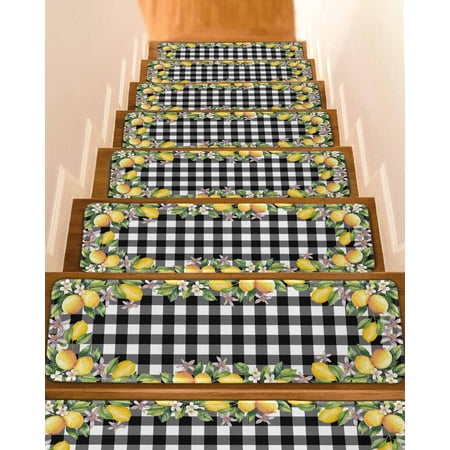 Lemon Stair Treads for Wooden Steps Indoor Runner Rug Carpet Black Plaid Check Yellow Fruit Flower Floral 4 Pieces Peel and Stick Staircase Step Treads Covers Washable Throw Door Mats 30 x8